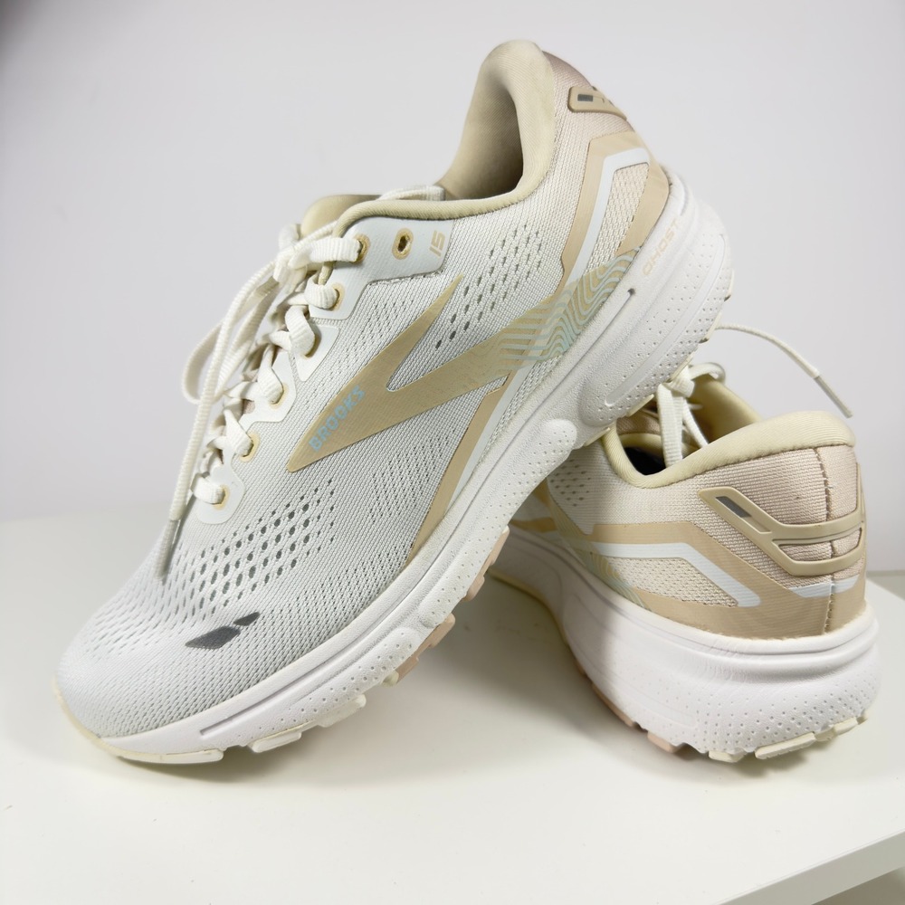 Brooks Ghost 15 Running Shoes Men's 9.5 White Oyster Neutral Cushion 1203801B189